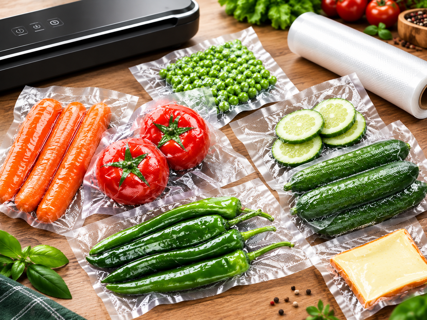 Овощи и сыр в вакуумных пакетах, упаковщик и рулон рифлёной плёнки